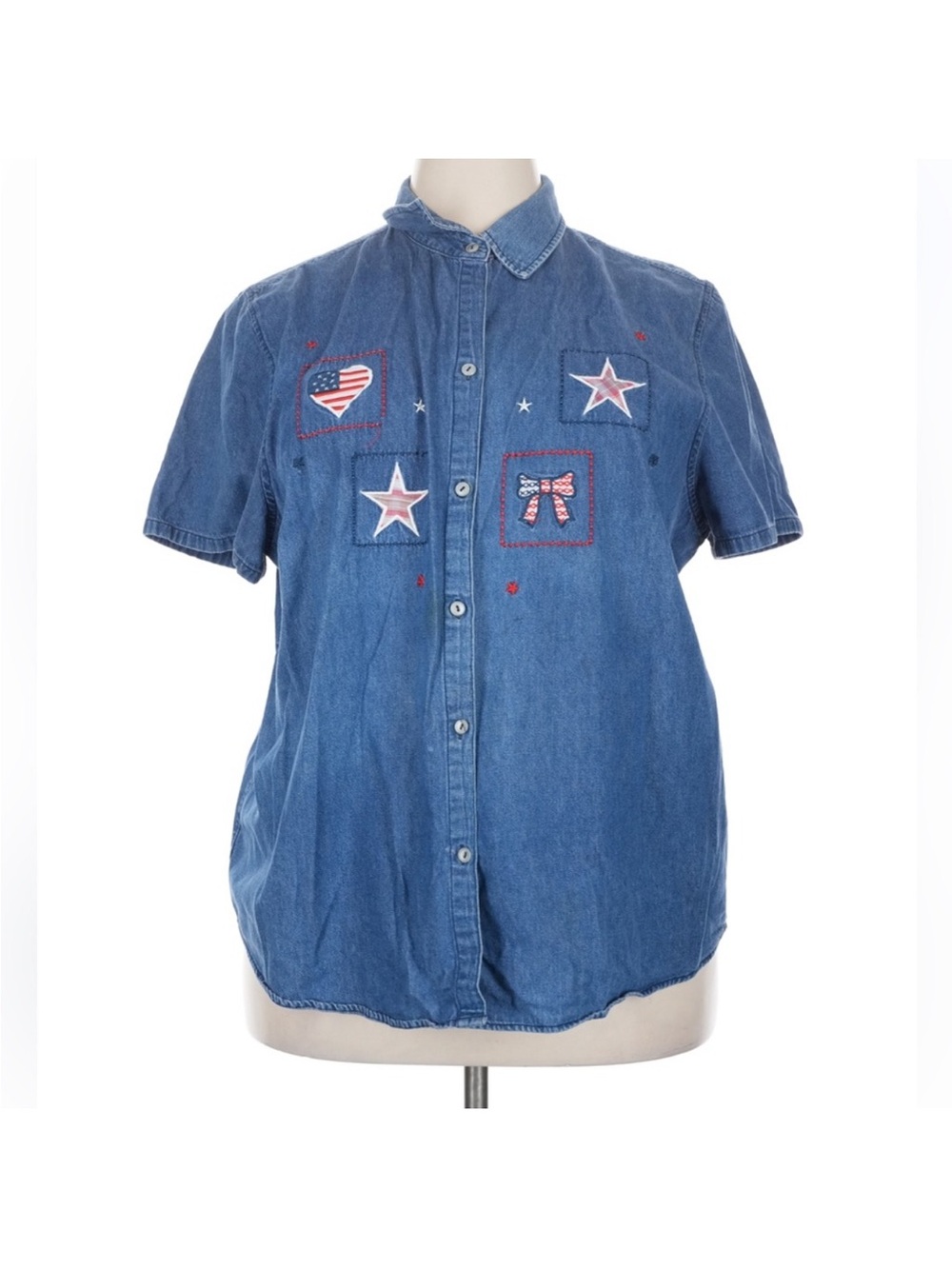 Vintage Basic Editions 4th of July Denim Shirt patriotic star embroidery 2X